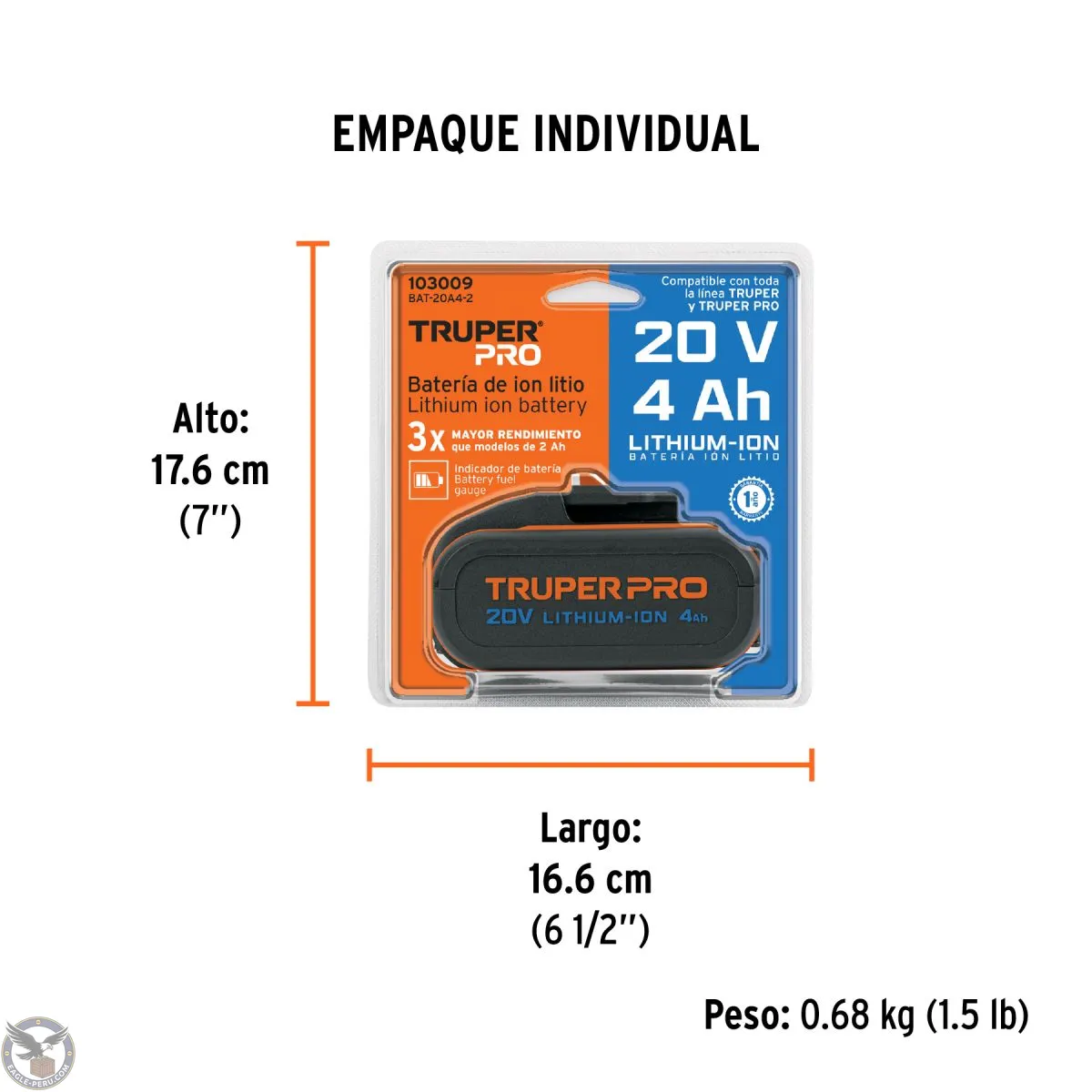 Batería ion litio, 20V, 4 Ah, TRUPERPRO, Truper 103009 - Imagen 3