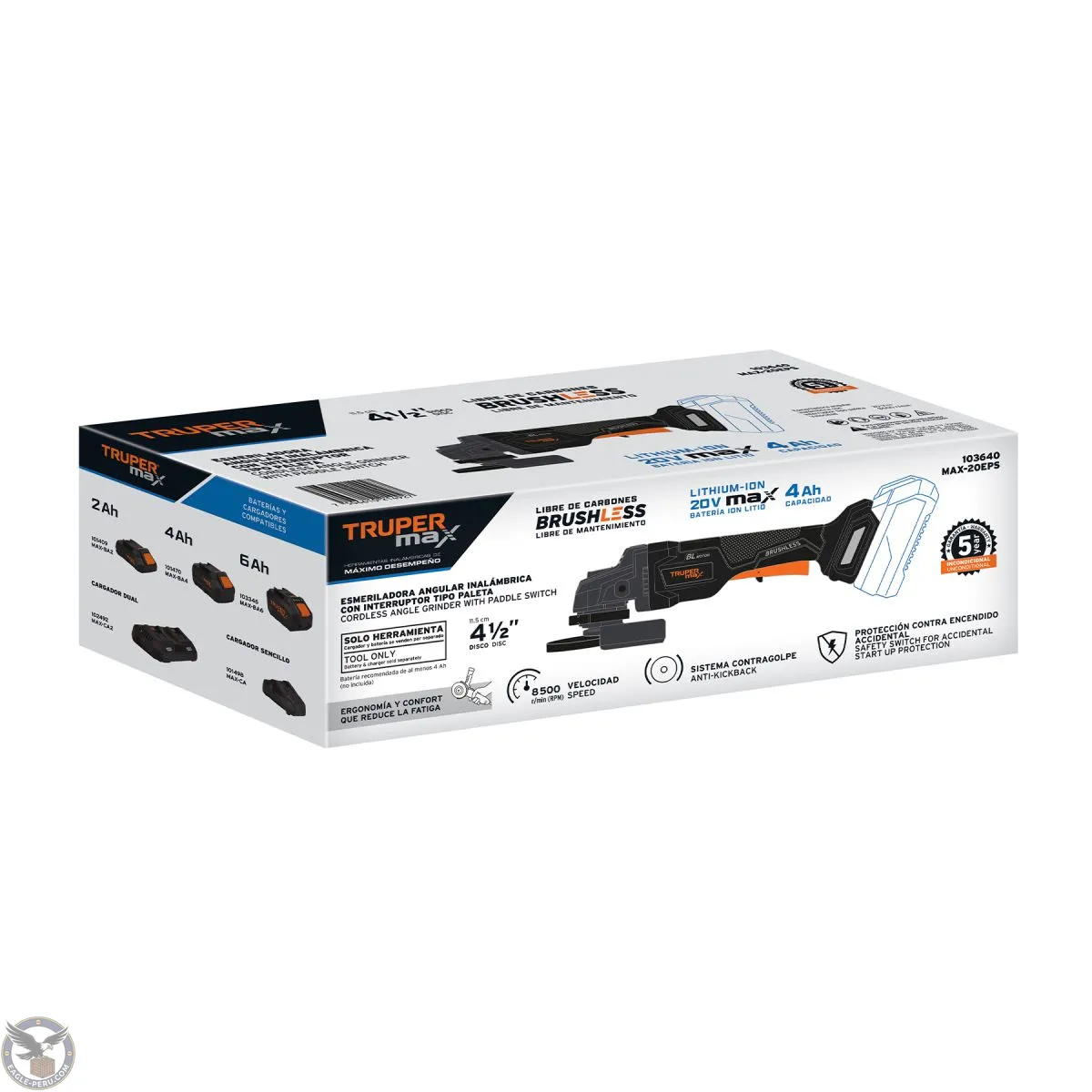 Esmeriladora 4-1/2", Inalámbrica, 20V, int. paleta, no incluye batería, TRUPERMAX, Truper 103640 - Imagen 4