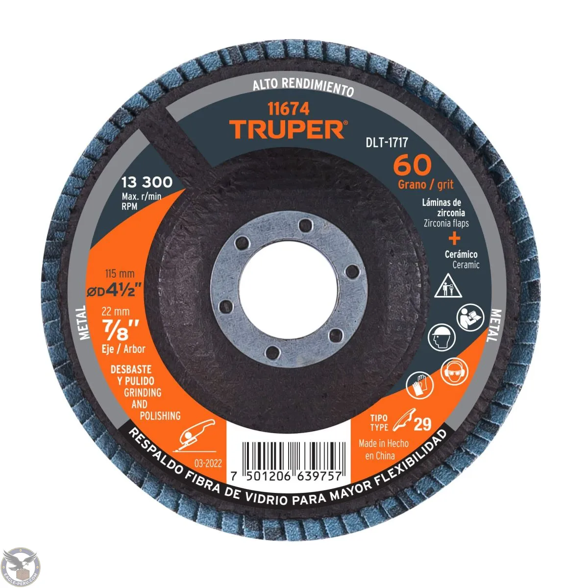 Disco flap 4-1/2" grano 60 centro 7/8", Truper 11674