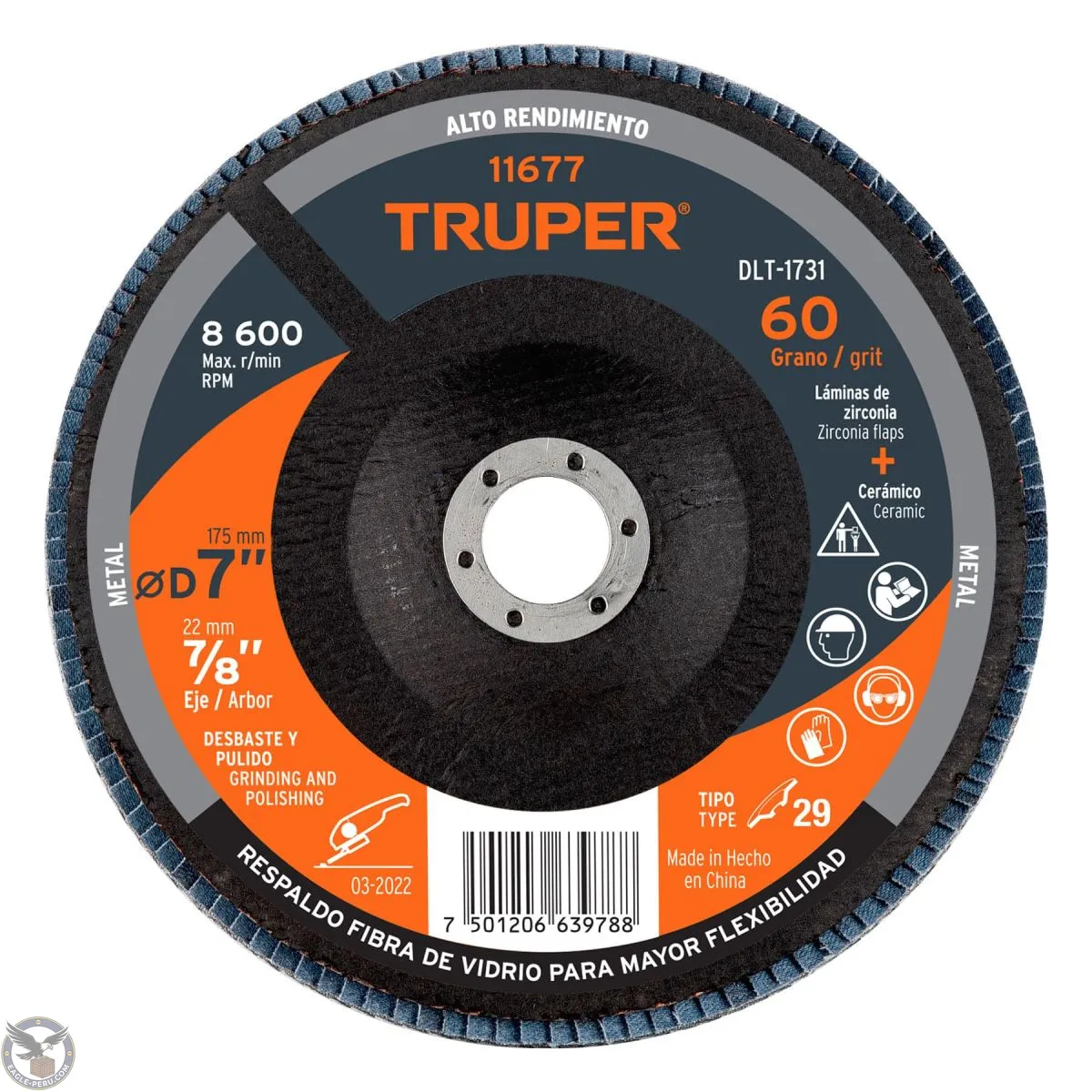 Disco flap 7" grano 60 centro 7/8", Truper 11677