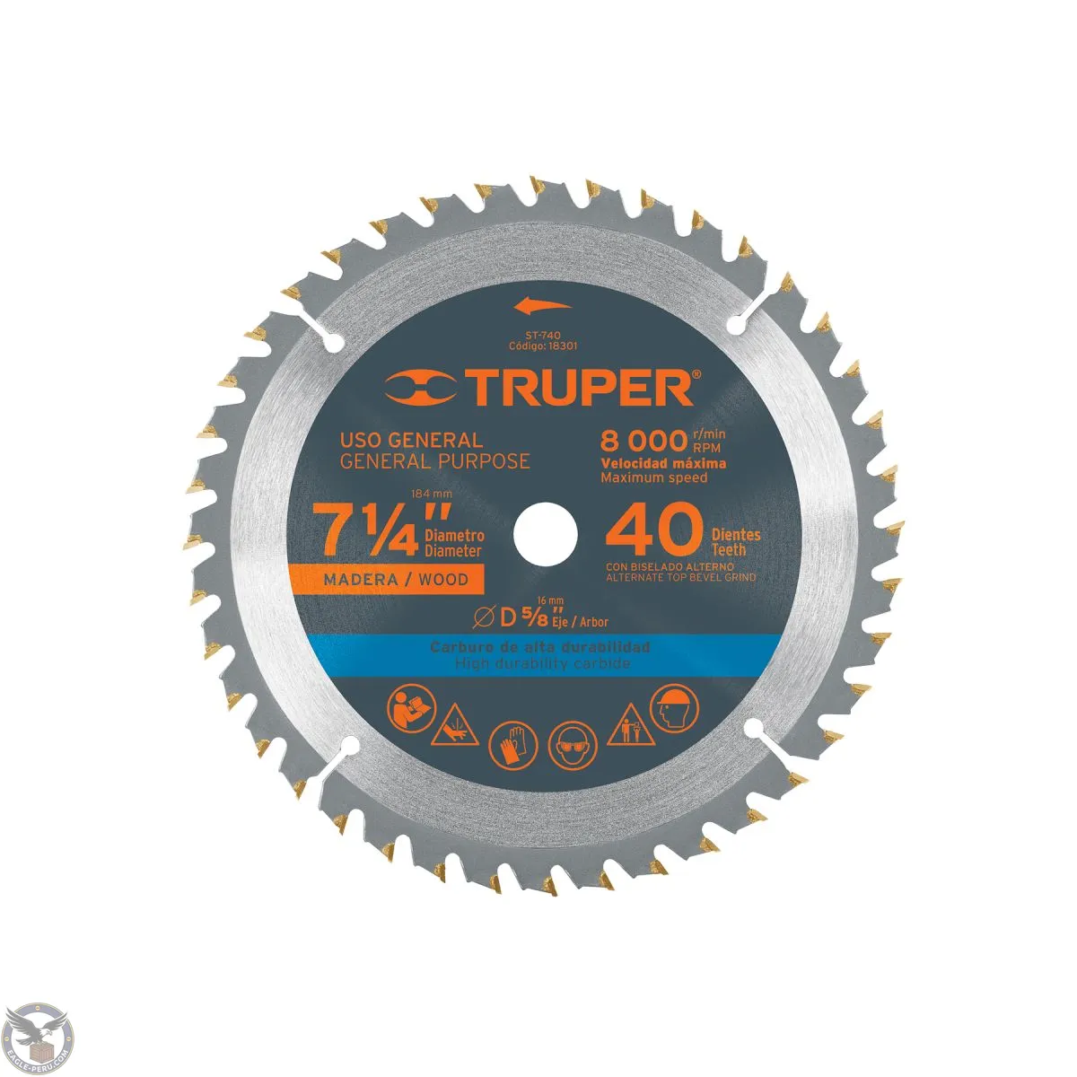 Sierra circular 7- 1/4" para madera, 40 dientes centro 5/8", Truper 18301