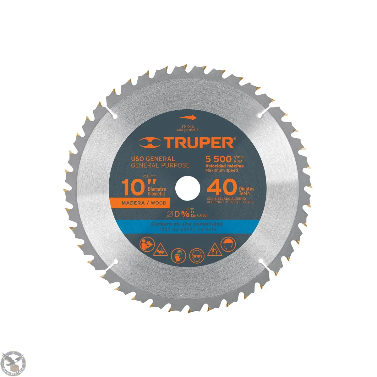 Sierra circular 10" para madera, 40 dientes centro 5/8", Truper 18305