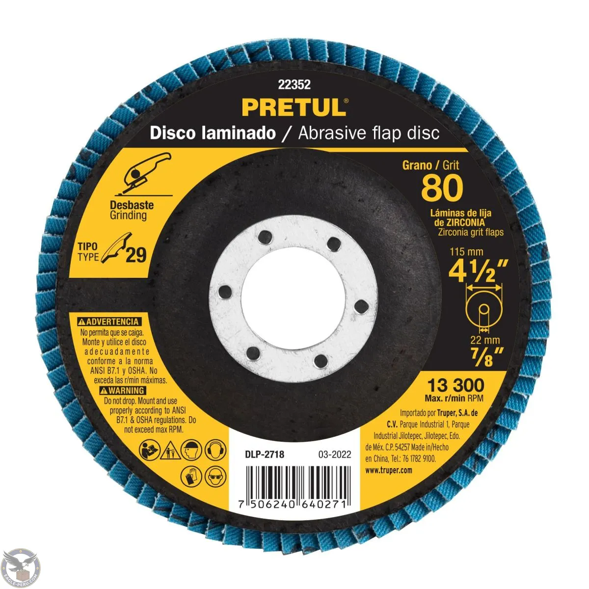 Disco flap 4-1/2" grano 80 centro 7/8", Pretul 22352