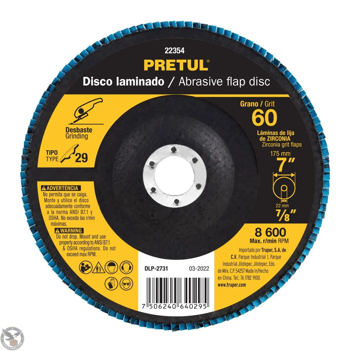 Disco flap 7" grano 60 centro 7/8", Pretul 22354