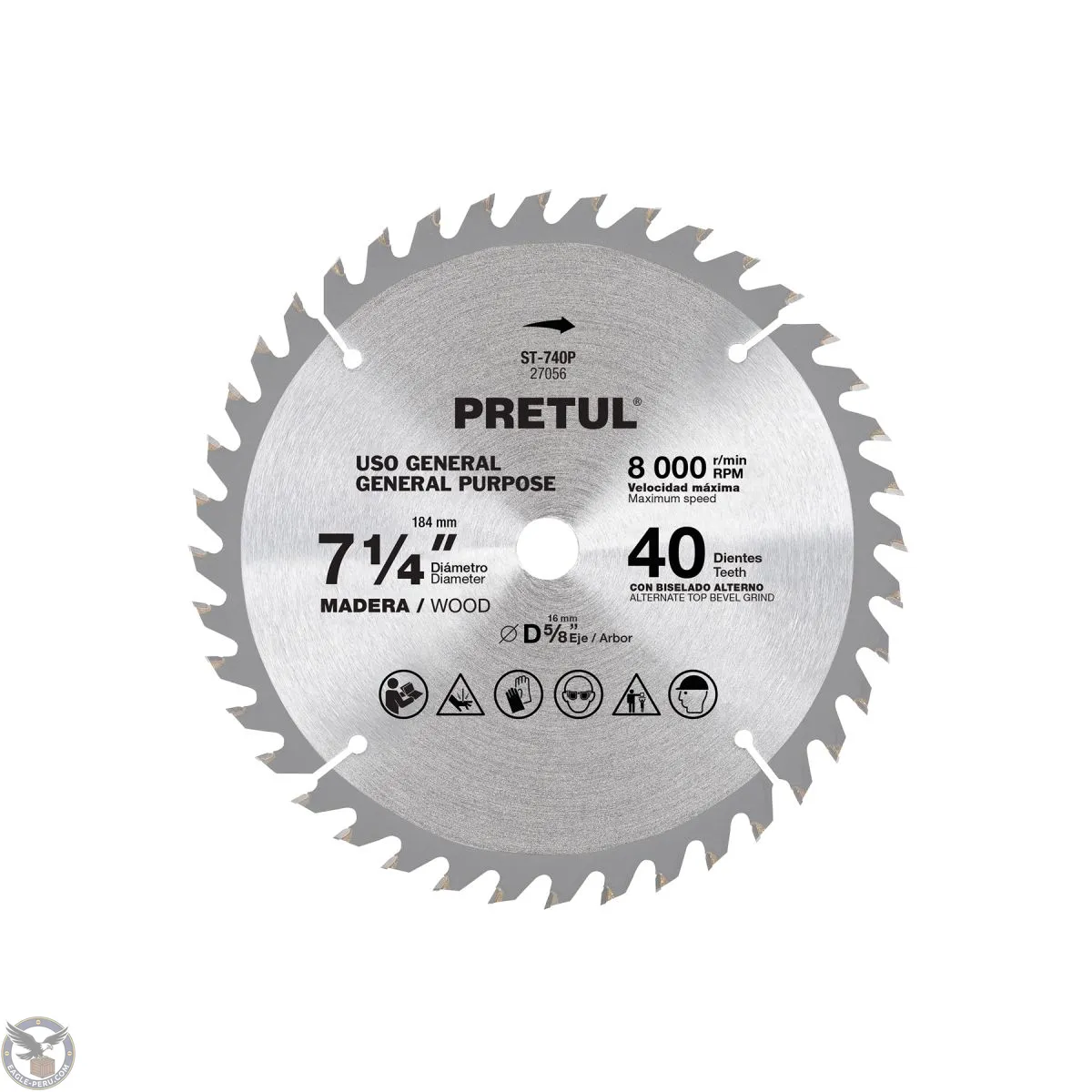 Sierra circular 7-1/4" p/madera, 40 dientes centro 5/8", Pretul 27056